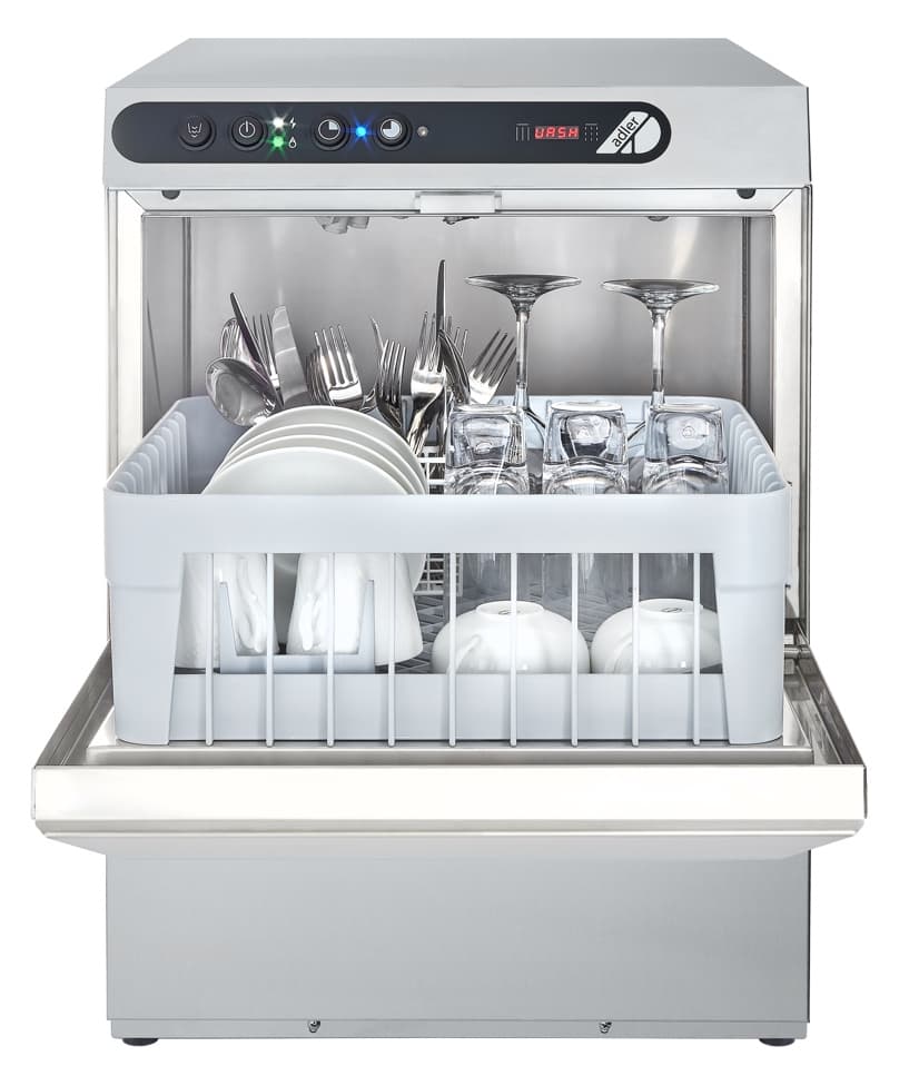 Adler - ECO40 LAVABICCHIERI Lavabicchieri con griglia da 400×400 mm per bicchieri, tazze, piattini e posate. E' facile da usare e molto affidabile nel tempo grazie ai pulsanti meccanici di grandi dimensioni e al controllo elettronico. L'involucro e la vas
