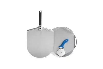 Gi.Metal Kit Accessori Pizza A Casa Mia Linea Amica (Pala per Pizza corta in Alluminio Diametro 30cm, Vassoio in Alluminio, Rotella Tagliapizza professionale)