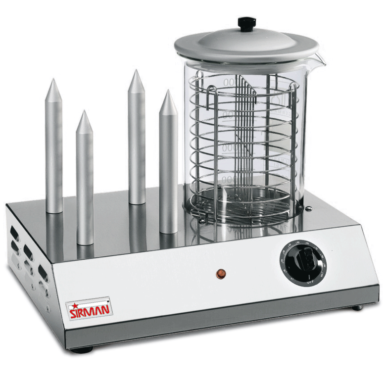 Sirman - Hot Dog Y09 3 CHIODI - Contenitore in pirex per la cottura del wurstel. - Cesto di contenimento wurstel in acciaio inox. - Regolazione della potenza con simostato. - Componenti elettrici auto-protetti da eventuali perdite di liquidi. - Riscaldato