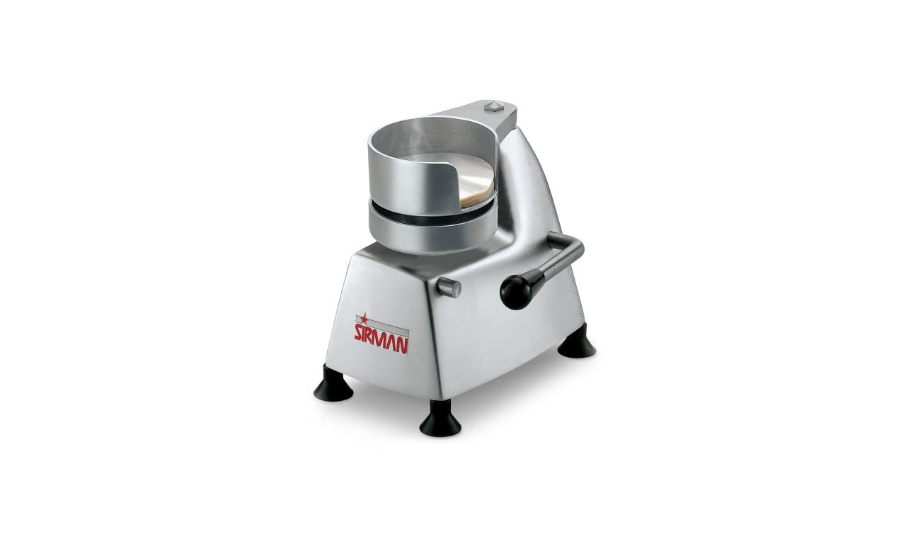 Sirman - SA 130 - Hamburgatrici caratterizzate da una forma arrotondata semplice e compatta. - Realizzate in lega di alluminio anodizzato. - Contenitore porta cellophane incorporato pronto per l’uso. - Stampo hamburger in acciaio inox. - Piedini in gomma.