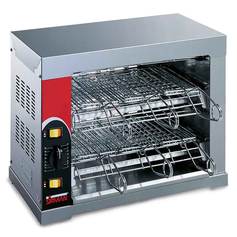Sirman - 12Q - Ideali per riscaldare pizze, panini e cibi precotti; cucinare hamburger, würstel, toast farciti e piadine. - Costruite interamente in acciaio inox. - Griglie facilmente smontabili per la pulizia. - Cassetto raccogli briciole asportabile. -